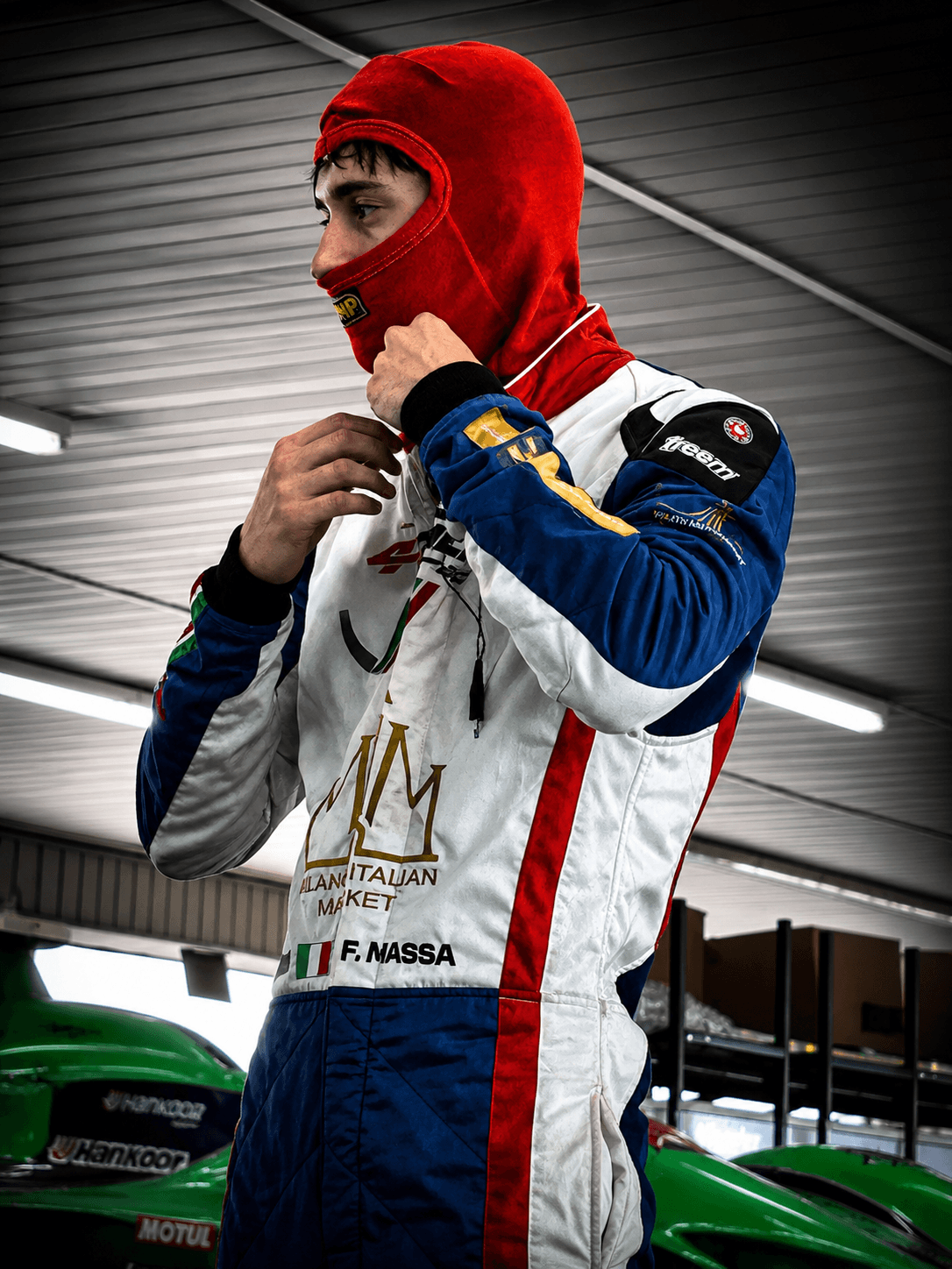 Filippo Massa preparing his balaclava before a CMP 2026 session